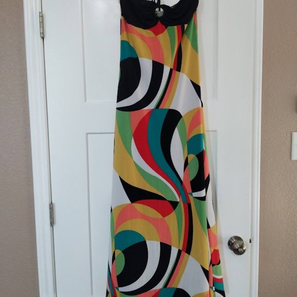 [M] Abstract Multicolor Swirl Stretch Bodycon Halter Maxi Dress - Picture 1 of 16